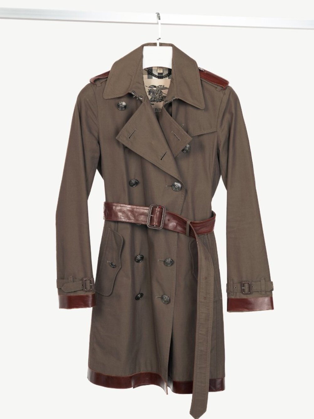 Burberry Olive Cotton Leather-Trim Belted Double-Breasted Trench Coat